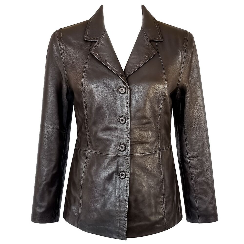 Style & Co Womens Leather Blazer Jacket Medium Dark Brown Genuine Leather Luxe